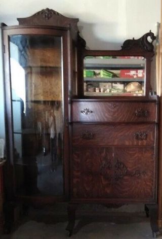 1900 - 1930 Antique Oak Secretary Side By Side Bookcase Curio Cabinet