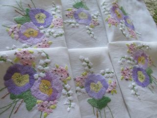 Vintage Hand Embroidered Linen Tablecloth - Lily Of The Valley & Pansies