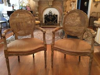 Pair French Cane Back Arm Chairs