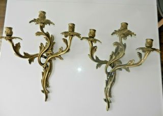 Pair (two) French Rococo Style Brass Candle Wall Sconces 3 Arm Candelabras