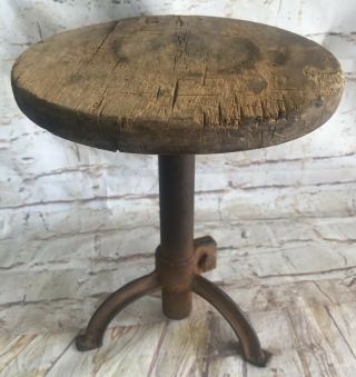 Antique Primitive Cast Base Wood Seat Milking Stool 3 Legs Industrial 12” Tall