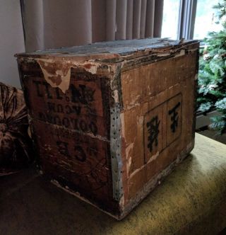 Primitive Antique 1856 Asian Wood Liquor Crate Concord Nh End Table