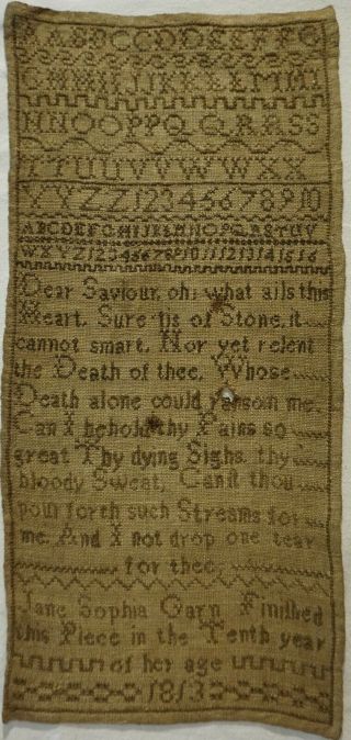Early 19th Century Verse & Alphabet Sampler By Jane Sophia Garn Aged 10 - 1813