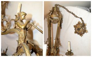 HUGE antique Victorian ornate figural goat gilt bronze brass chandelier fixture 11