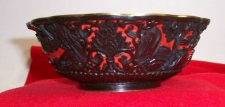 Vintage Chinese Cinnabar Lacquer Black Over Red Bowl Blue Enamel