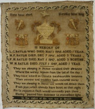 Mid 19th Century Memorial Sampler In Memory Of The Baylis Children - C.  1850