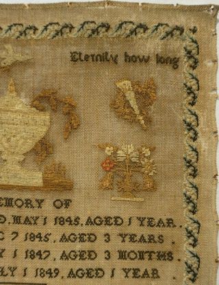 MID 19TH CENTURY MEMORIAL SAMPLER IN MEMORY OF THE BAYLIS CHILDREN - c.  1850 5