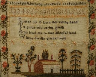 MID 19TH CENTURY COTTAGE,  VERSE & ALPHABET SAMPLER BY HANNAH LEATHES AGE 12 1847 10