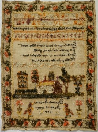 MID 19TH CENTURY COTTAGE,  VERSE & ALPHABET SAMPLER BY HANNAH LEATHES AGE 12 1847 12