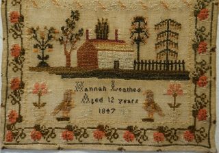 MID 19TH CENTURY COTTAGE,  VERSE & ALPHABET SAMPLER BY HANNAH LEATHES AGE 12 1847 3