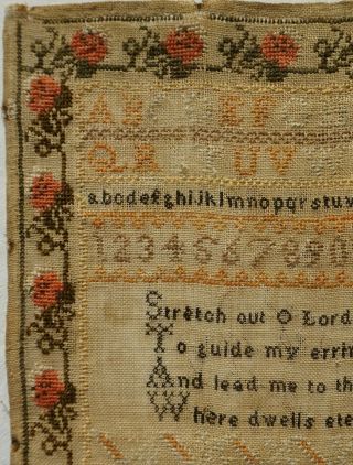 MID 19TH CENTURY COTTAGE,  VERSE & ALPHABET SAMPLER BY HANNAH LEATHES AGE 12 1847 4
