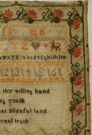 MID 19TH CENTURY COTTAGE,  VERSE & ALPHABET SAMPLER BY HANNAH LEATHES AGE 12 1847 5