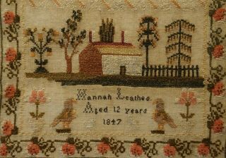 MID 19TH CENTURY COTTAGE,  VERSE & ALPHABET SAMPLER BY HANNAH LEATHES AGE 12 1847 8