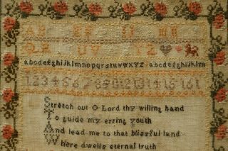 MID 19TH CENTURY COTTAGE,  VERSE & ALPHABET SAMPLER BY HANNAH LEATHES AGE 12 1847 9