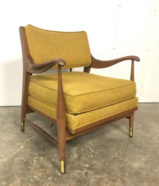 Mid Century Modern Walnut Upholstered Curved Arm Lounge Chair