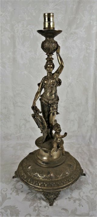 Antique 19th C Silver Plated Art Nouveau Figural Woman Shield Cherub Table Lamp