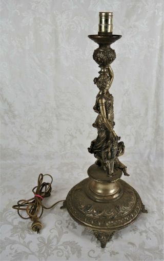 Antique 19th C Silver Plated Art Nouveau Figural Woman Shield Cherub Table Lamp 5