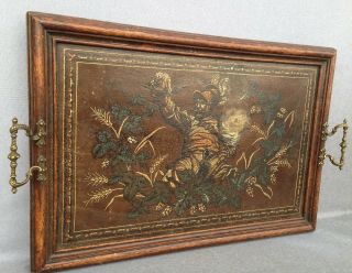 Huge Antique Wood Painted Tray With Bronze Handles Early 1900 