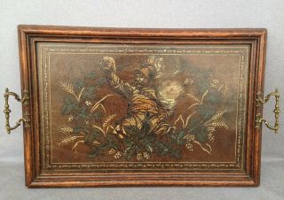 Huge antique wood painted tray with bronze handles early 1900 ' s Italy ? knight 2