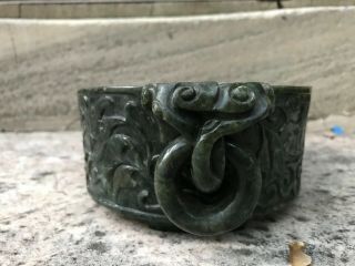 Dark Spinach Green Twin Handled Chinese Jade Lobed Marriage Bowl w/ Ring Handles 4