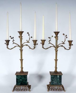 3 Light Brass & Marble Candelabra,  Large &,  Art Nouveau Style