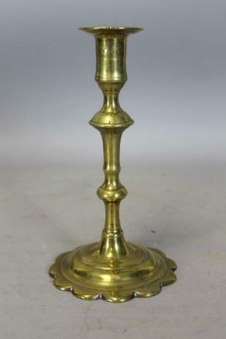 AN EARLY 18TH C ENGLISH QA BRASS CANDLESTICK BALUSTER FORM GREAT PETAL BASE 2