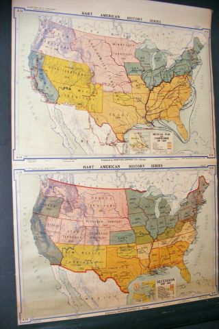 2 Vtg 1937 Denoyer - Geppert Co School Maps Secession/mexican War & Compromise