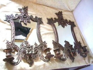 Antique Vtg Mirror Backed Bronzed Wall Sconces Candleholders