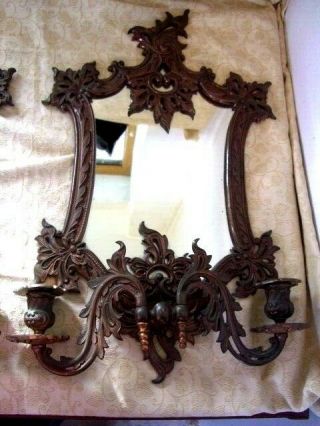 Antique Vtg Mirror Backed Bronzed Wall Sconces Candleholders 2