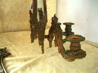 Antique Vtg Mirror Backed Bronzed Wall Sconces Candleholders 3