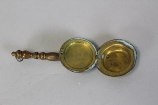 A RARE MINIATURE 19TH C BRASS AND WOOD EMBER CARRIER IN THE FORM OF A BEDWARMER 10