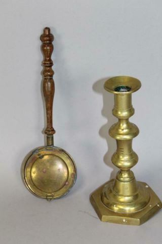 A Rare Miniature 19th C Brass And Wood Ember Carrier In The Form Of A Bedwarmer