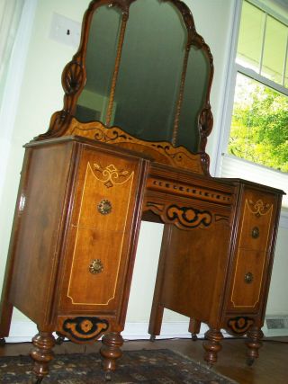 Antique Vintage ' 20s - ' 30s 4 Drawer Wood Vanity Dressing table Desk with mirror 2