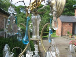SMALL 6 BRANCH FRENCH CHANDELIER WITH BLUE DROPS VINTAGE CIRCA 1930 /3988 10