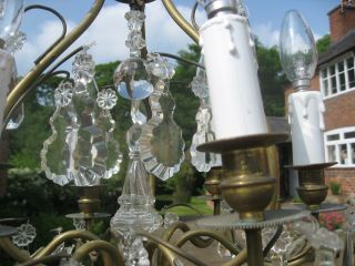 SMALL 6 BRANCH FRENCH CHANDELIER WITH BLUE DROPS VINTAGE CIRCA 1930 /3988 11