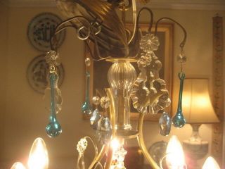 SMALL 6 BRANCH FRENCH CHANDELIER WITH BLUE DROPS VINTAGE CIRCA 1930 /3988 12