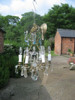 Small 6 Branch French Chandelier With Blue Drops Vintage Circa 1930 /3988