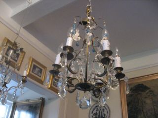 SMALL 6 BRANCH FRENCH CHANDELIER WITH BLUE DROPS VINTAGE CIRCA 1930 /3988 2