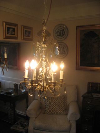 SMALL 6 BRANCH FRENCH CHANDELIER WITH BLUE DROPS VINTAGE CIRCA 1930 /3988 3