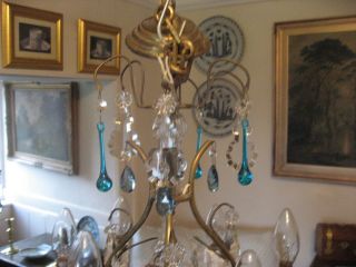 SMALL 6 BRANCH FRENCH CHANDELIER WITH BLUE DROPS VINTAGE CIRCA 1930 /3988 6