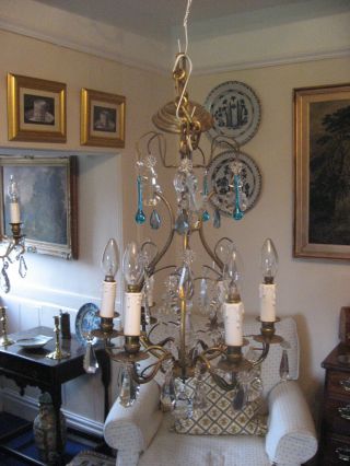 SMALL 6 BRANCH FRENCH CHANDELIER WITH BLUE DROPS VINTAGE CIRCA 1930 /3988 7