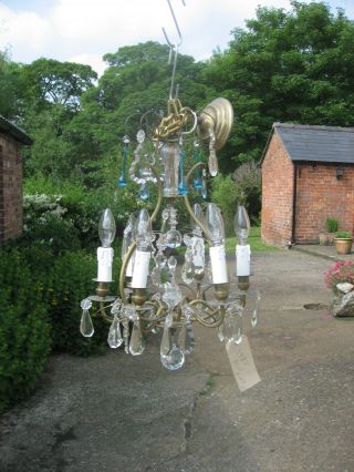 SMALL 6 BRANCH FRENCH CHANDELIER WITH BLUE DROPS VINTAGE CIRCA 1930 /3988 8
