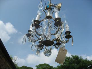 SMALL 6 BRANCH FRENCH CHANDELIER WITH BLUE DROPS VINTAGE CIRCA 1930 /3988 9
