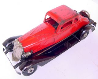 1930s HOGE PRESSED STEEL WIND UP FIRE CHIEF CAR w BATTERY OP HEADLIGHTS & SIREN 2