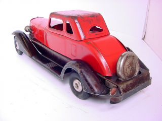 1930s HOGE PRESSED STEEL WIND UP FIRE CHIEF CAR w BATTERY OP HEADLIGHTS & SIREN 3