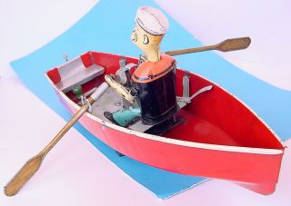 1935 HOGE POPEYE THE SAILOR ROW BOAT 268 RARE PRESSED STEEL WIND UP 6