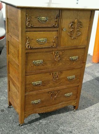 Antique Solid Oak Tall Boy Ornate Dresser,  Chest