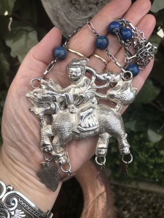 Lge Antique Chinese Sterling Silver Lapis Lazuli Dragon Kylin Pendant Necklace