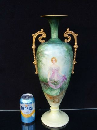 American Belleek Cac Lenox " Maiden With Flowers " 18 1/2 " Dbl Handled Urn / Vase