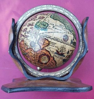 Rare Wooden Desktop Old World Style Globe Made In Italy Dragons Wood